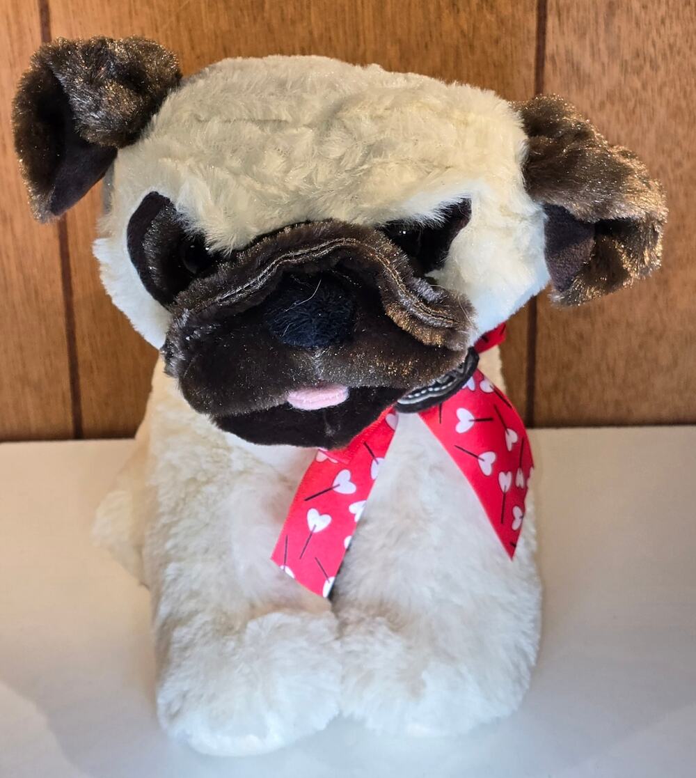 White and Brown Dog Plush Stuffed Animal Standing Pug Red Heart Ribbon 12" Long